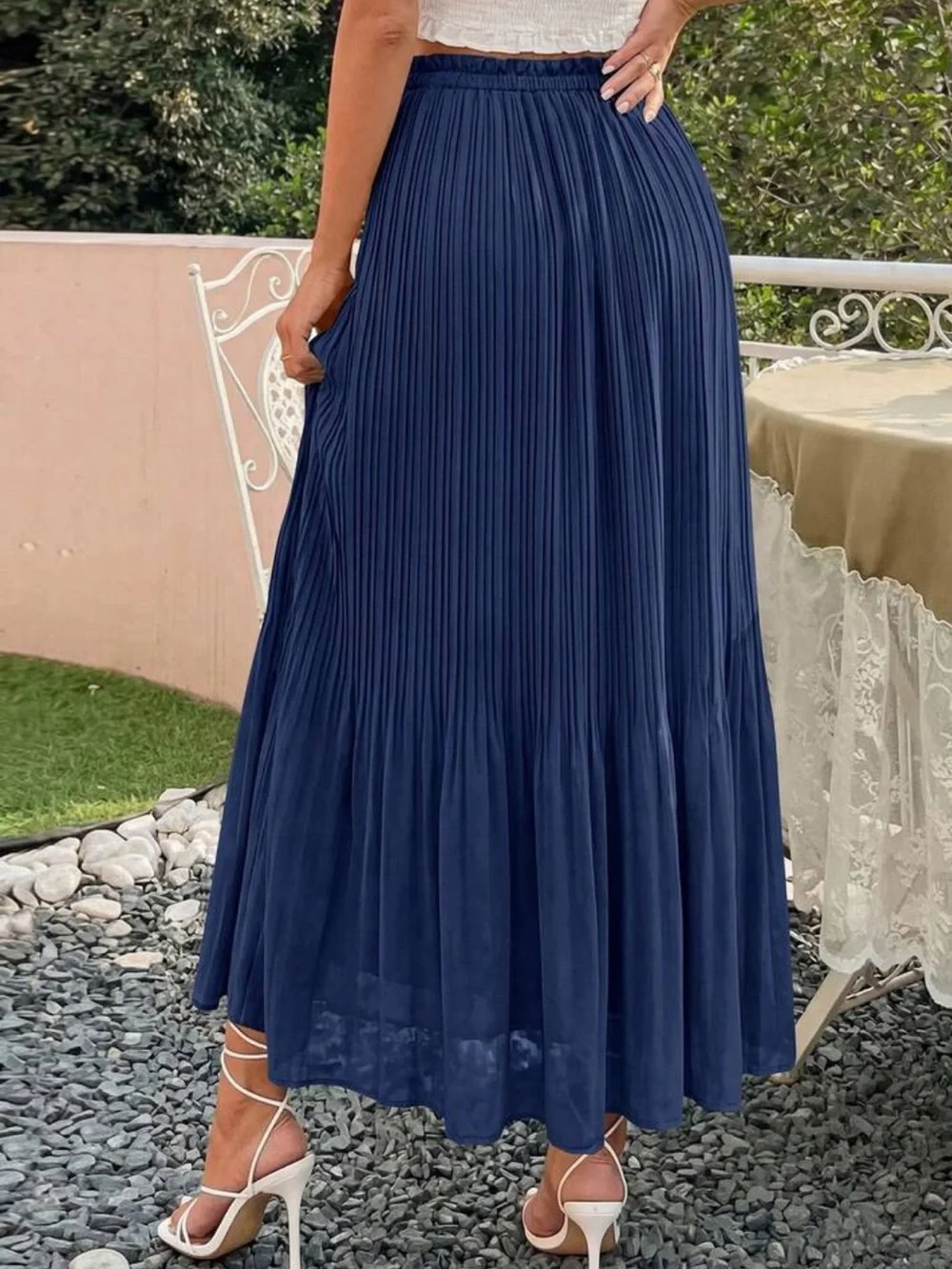 Pleated Navy Blue Maxi Skirt - Elegant Women's Skirt